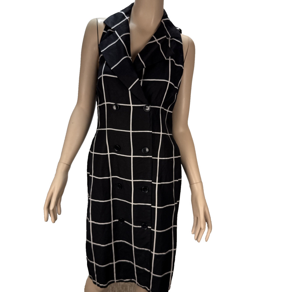 Talbots Vintage Women Windowpane Plaid Shirt Dress Size 8 Black Linen Sleeveless